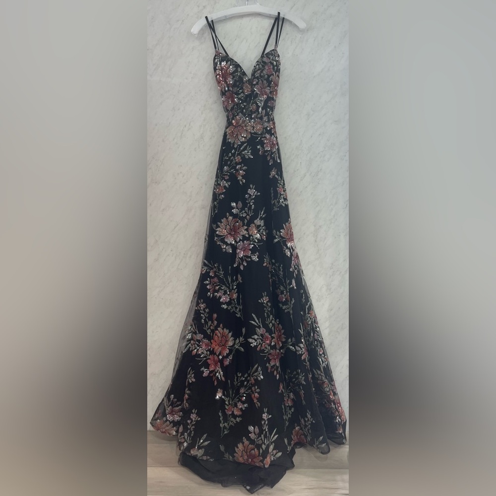 La Femme Black Floral Prom Dress